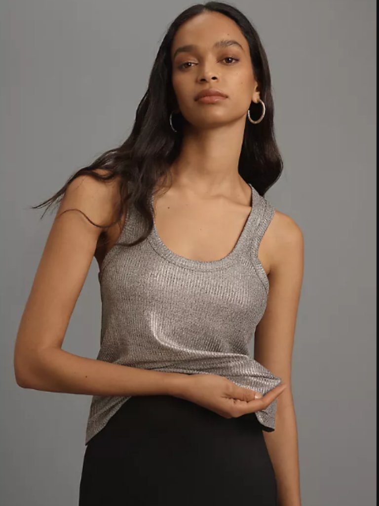 Nwt Anthropologie Pilcro Easy Foil Metallic Tank Top Size Large Boho Silver Grey